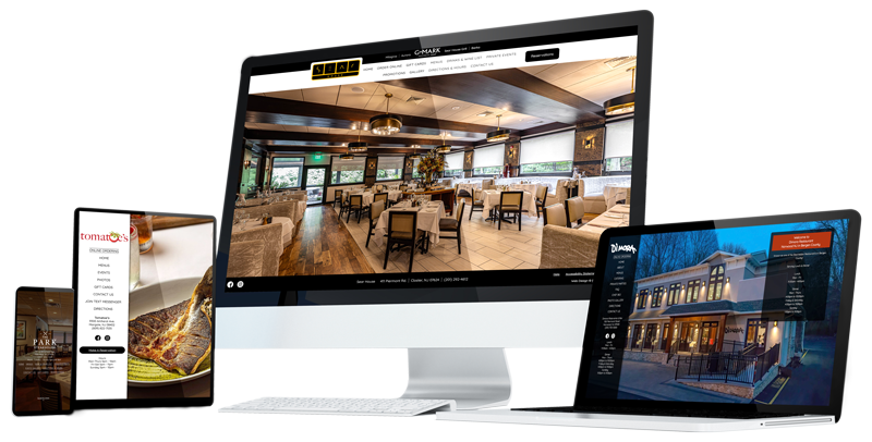Responsive mockups of a restaurant website on multiple devices.